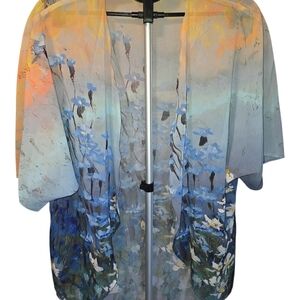 Blue Floral Open-Front Sheer Kimono Vest